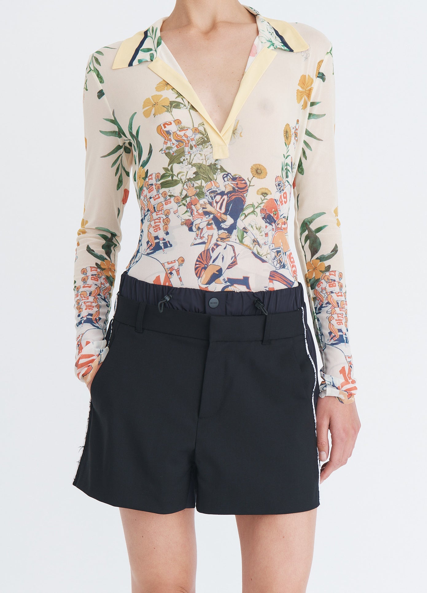 MONSE Printed Mesh Polo Top in yellow multi on model front detail view