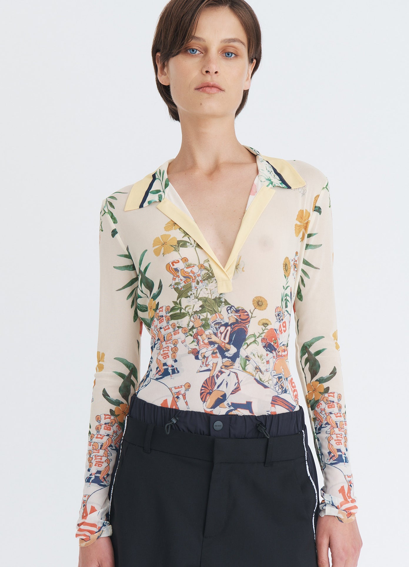 MONSE Printed Mesh Polo Top in yellow multi on model front view