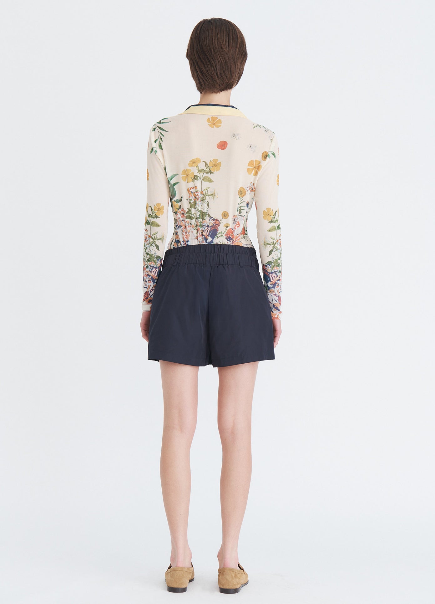 MONSE Printed Mesh Polo Top in yellow multi on model full back view