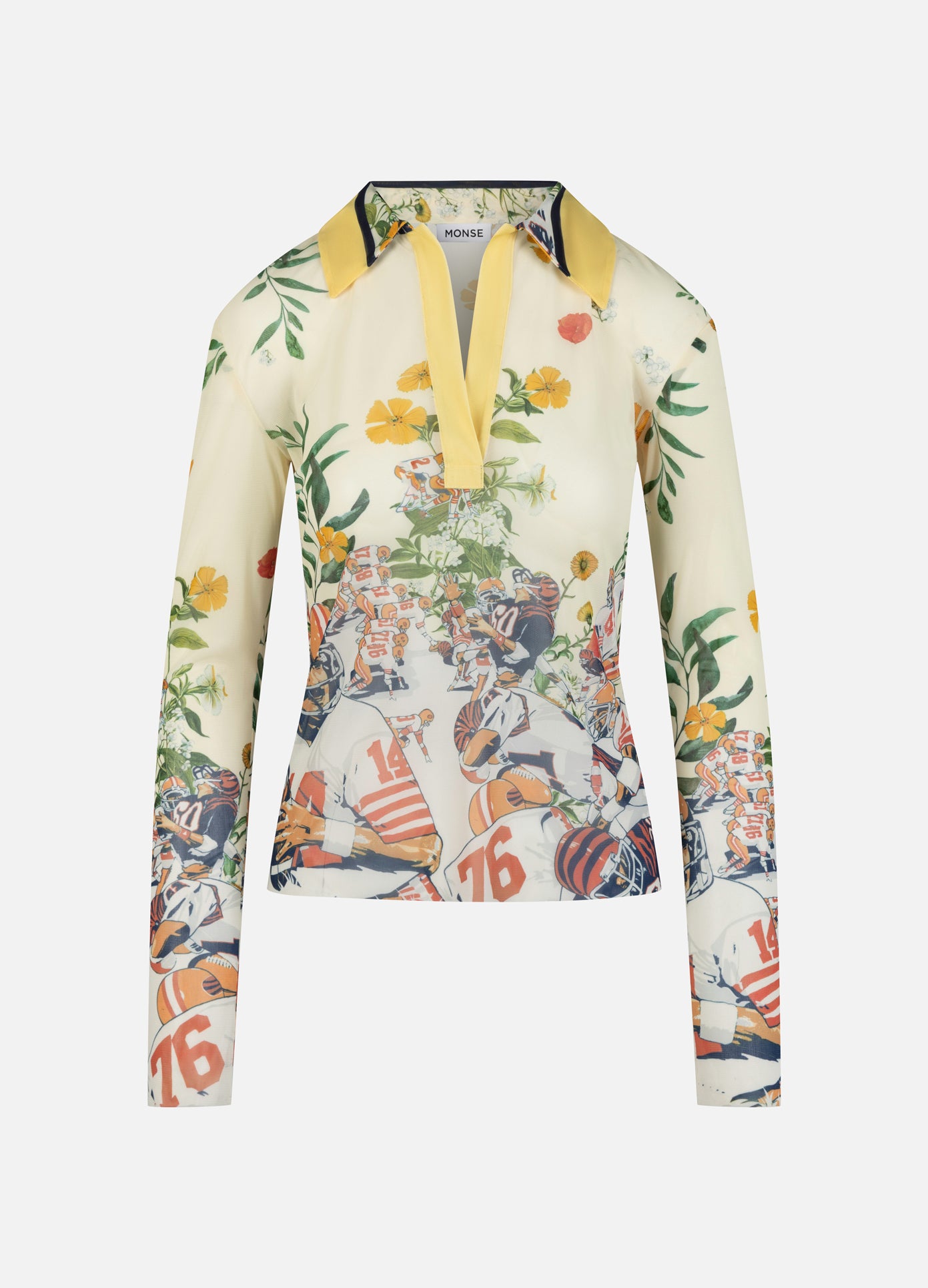 MONSE Printed Mesh Polo Top in yellow multi product image