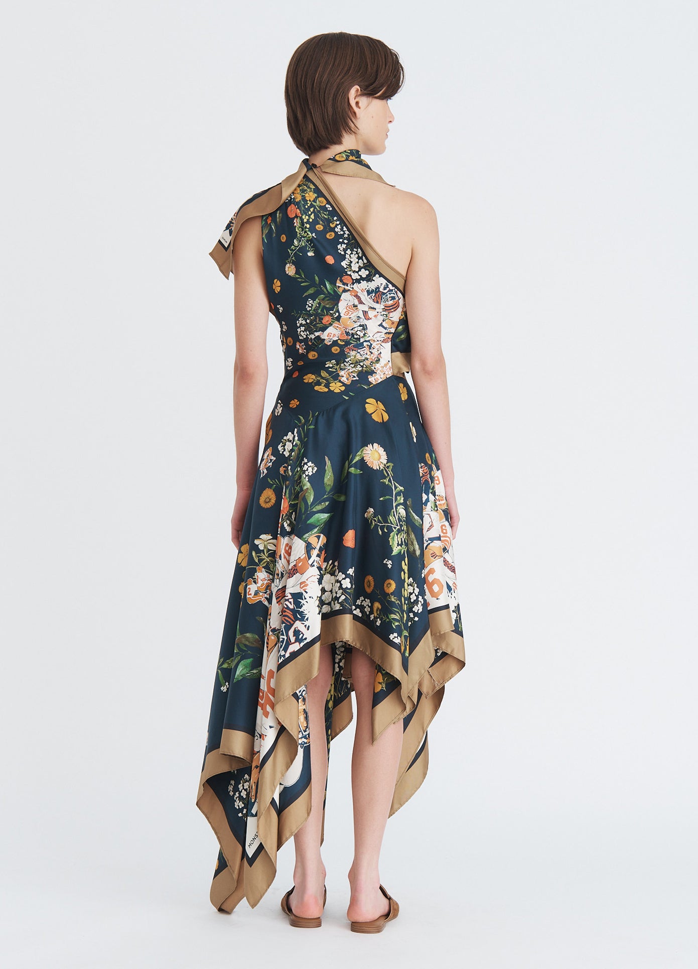 MONSE Printed Scarf Midi Dress in midnight multi on model full back view