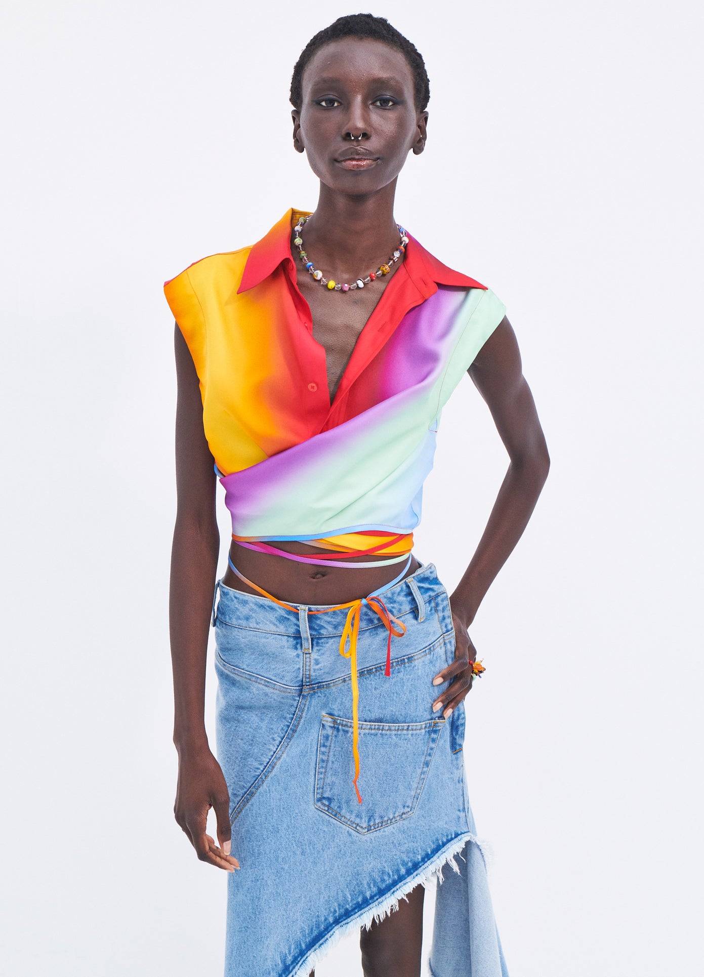MONSE Rainbow Blur Sleeveless Wrap Shirt in Multi Colors on model front view