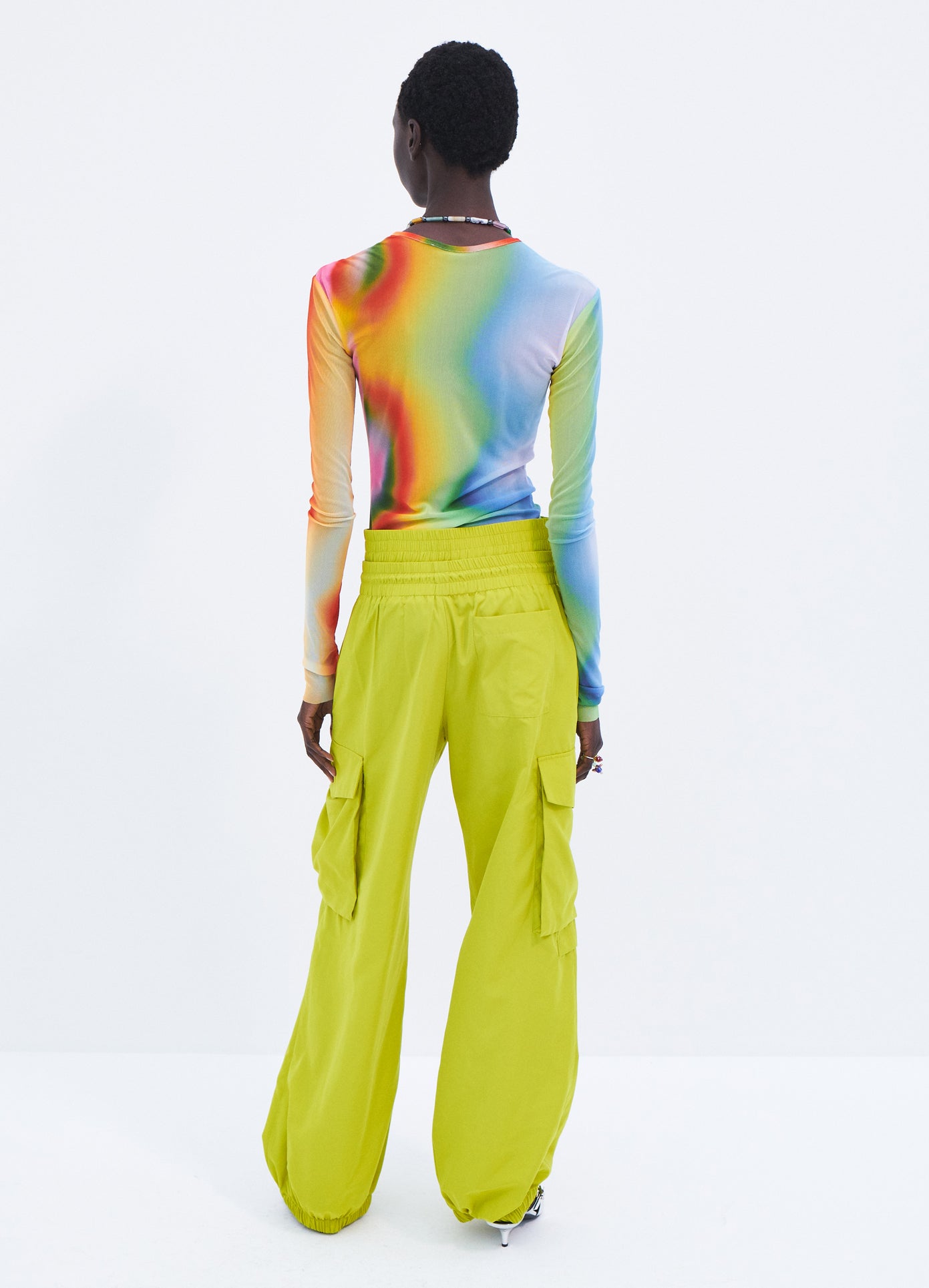 MONSE Rainbow Heatwave Mesh Top in Multi Colors on model full back view
