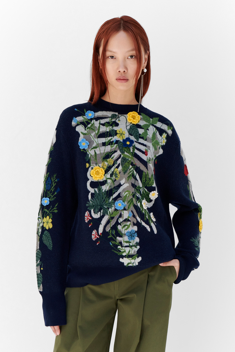 MONSE Resort 2024 Collection Vogue image of model wearing a skeleton blue sweater