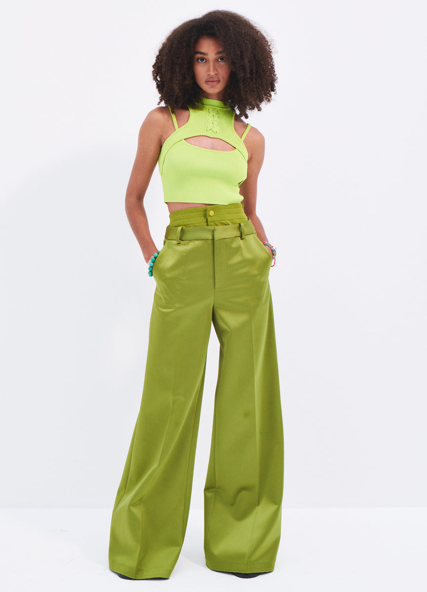 Satin Double Waistband Wide Leg Trousers in Olive