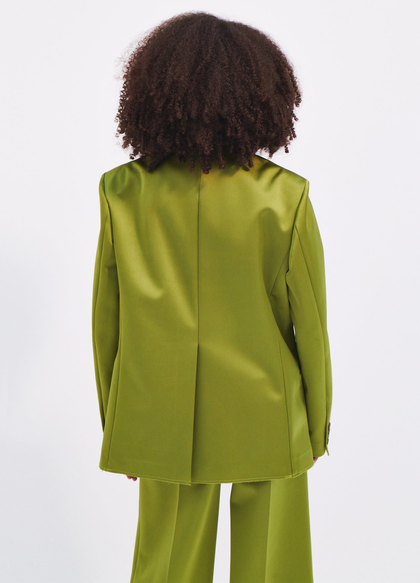 MONSE Satin Raw Edge Boxy Blazer in Olive on model back view