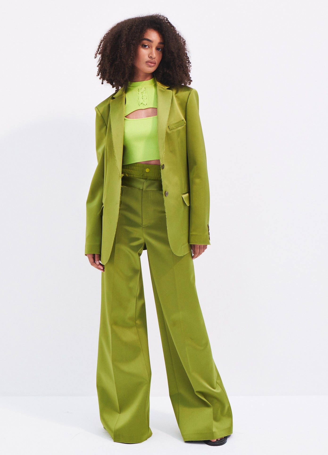 MONSE Satin Raw Edge Boxy Blazer in Olive on model full front view