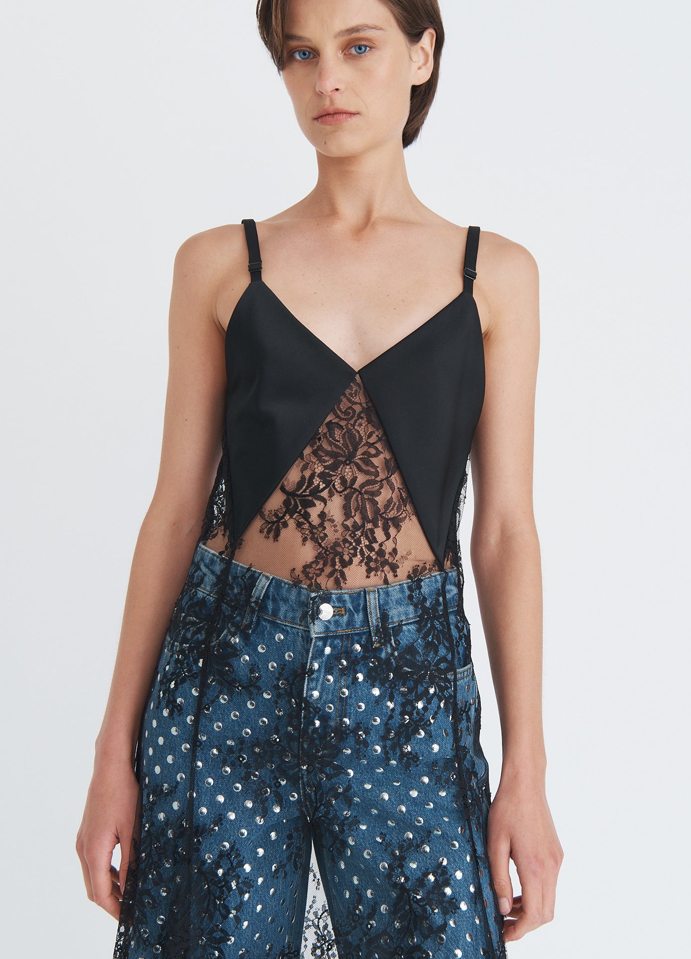 MONSE Sheer Lace Slip Dress in black on model front view