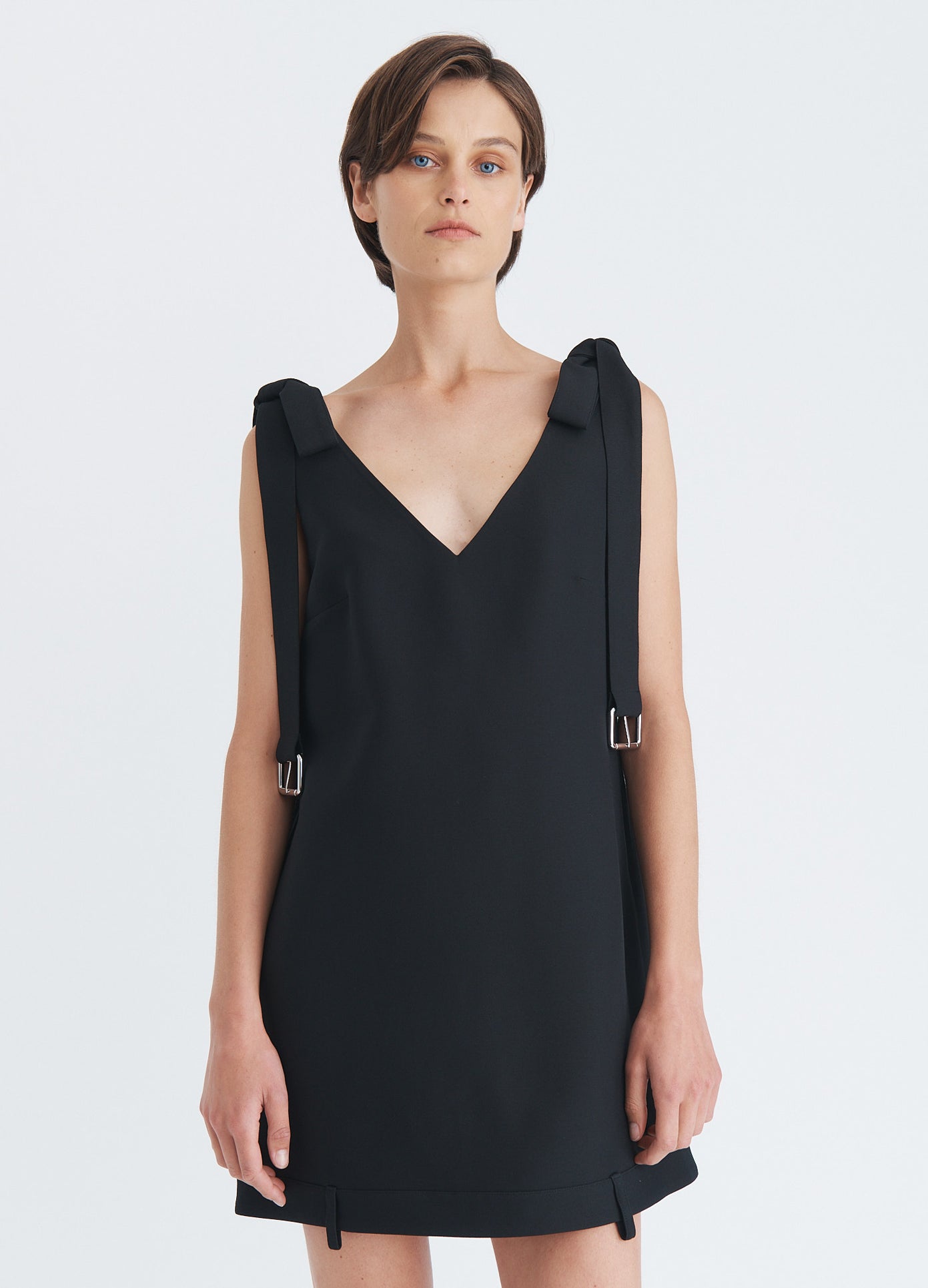 MONSE Shoulder Tie Mini Dress in black on model front view