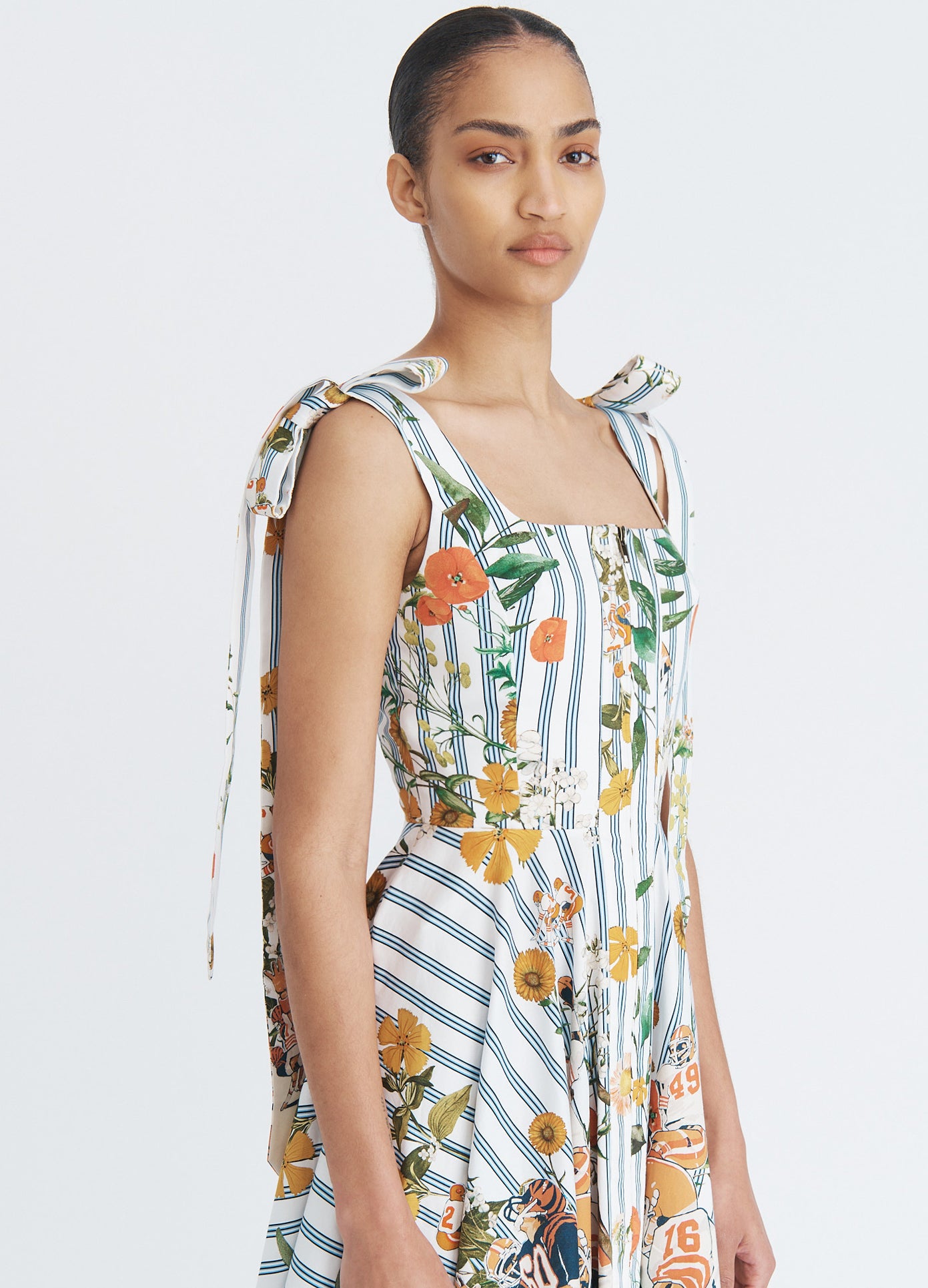 MONSE Shoulder Ties Printed Midi Dress in ivory multi on model front detail view