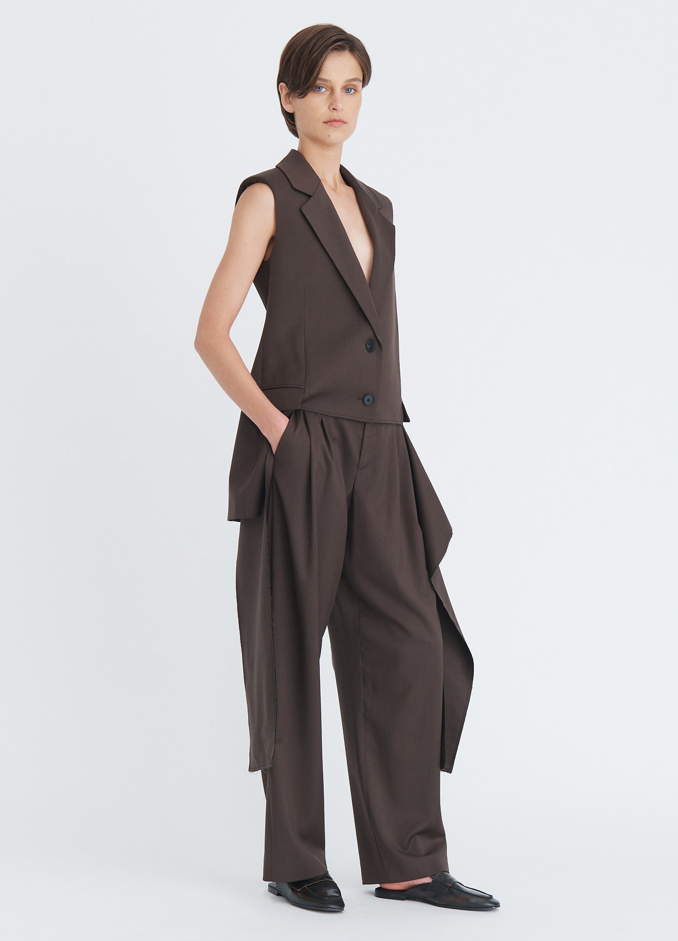 MONSE Sleeveless Fly-Away Jacket in olive brown on model full front side view