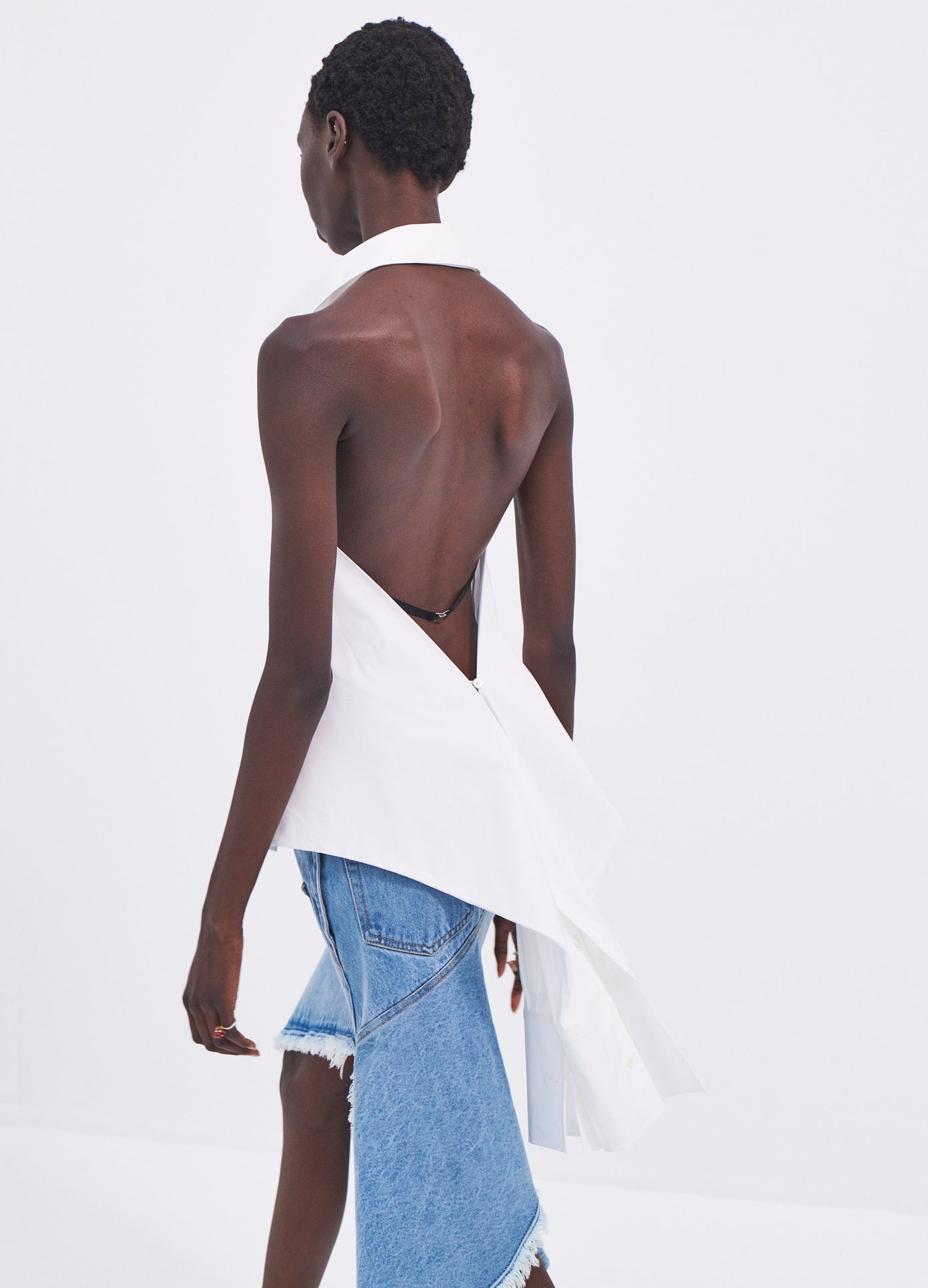 MONSE Sleeveless Halter Back Detail Shirt in White on model back view