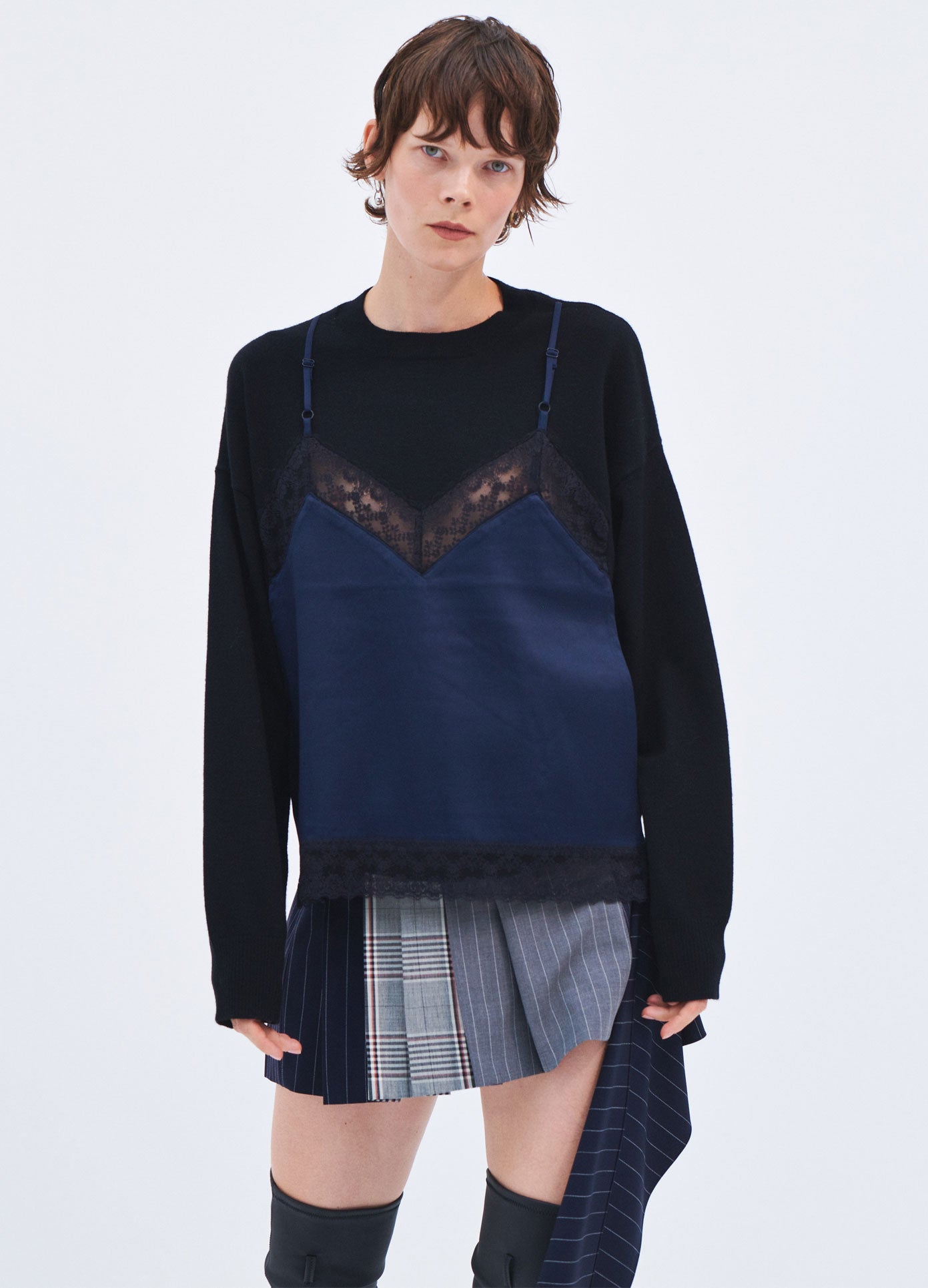 MONSE Spring 2024 Cami Detail Sweater in Black and Midnight on model front view