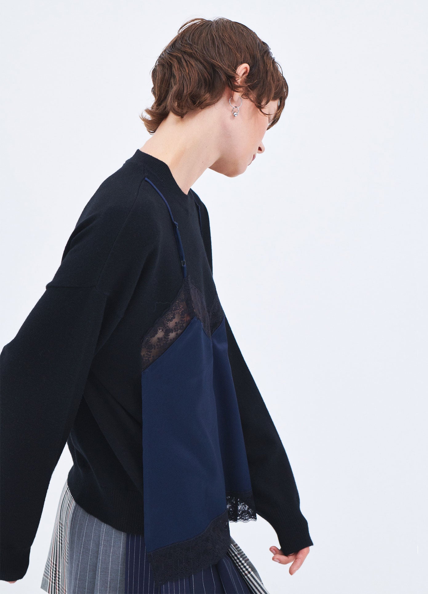 MONSE Spring 2024 Cami Detail Sweater in Black and Midnight on model right side view