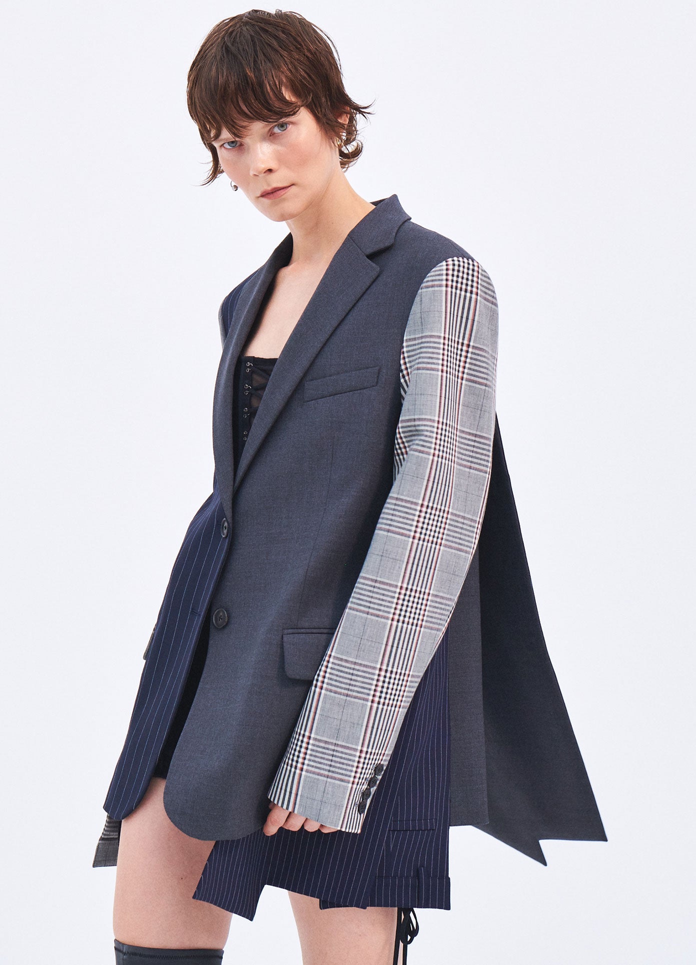 MONSE Spring 2024 Combo Boxy Tailored Jacket in Charcoal on model front side view