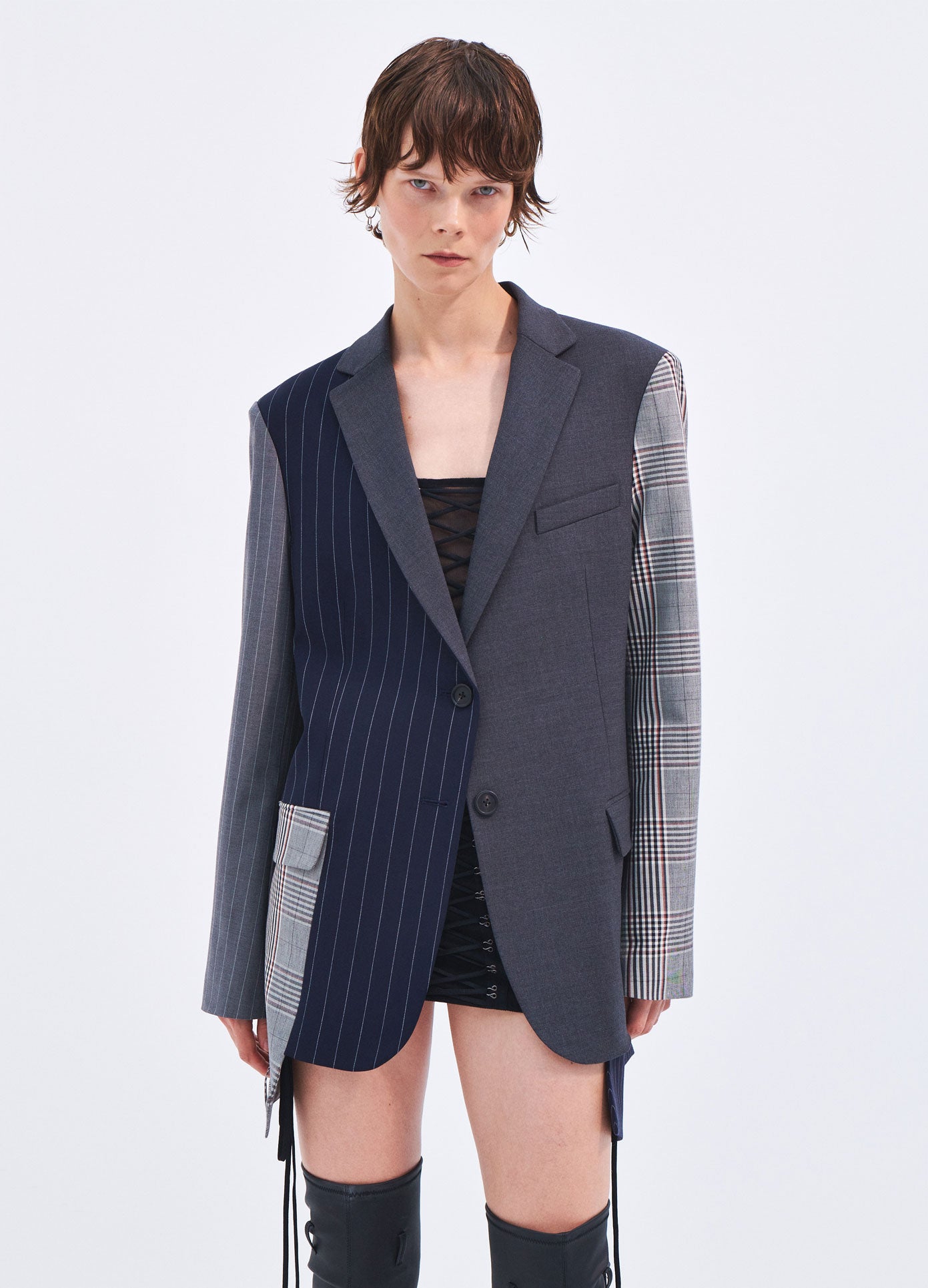 MONSE Spring 2024 Combo Boxy Tailored Jacket in Charcoal on model front view