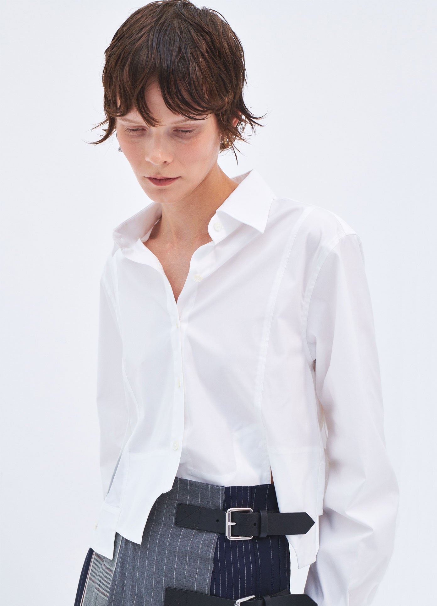 MONSE Spring 2024 Deconstructed Cropped Button Down in Ivory on model front detail view