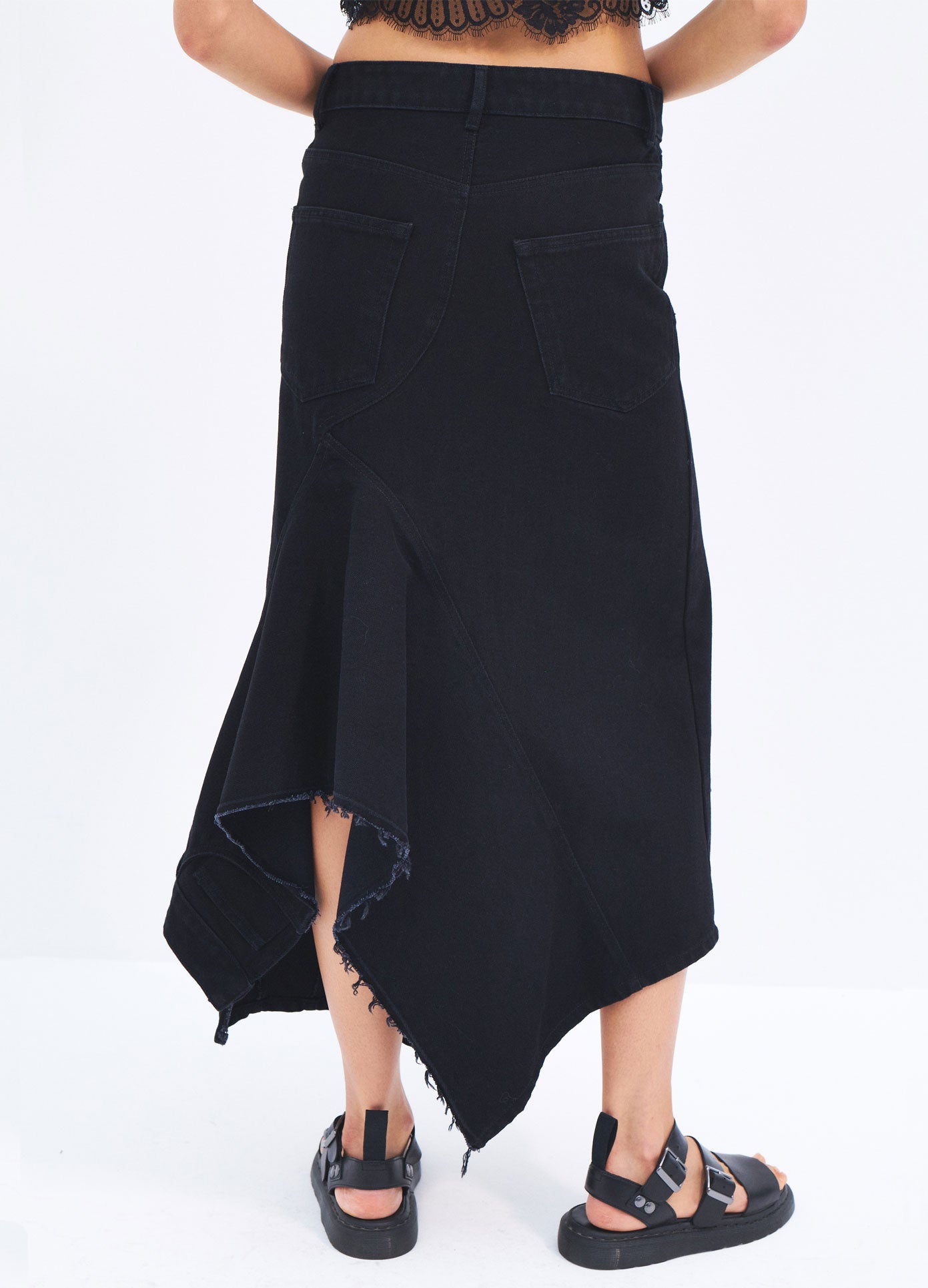 MONSE Spring 2024 Deconstructed Long Denim Skirt in Black on model back detail view