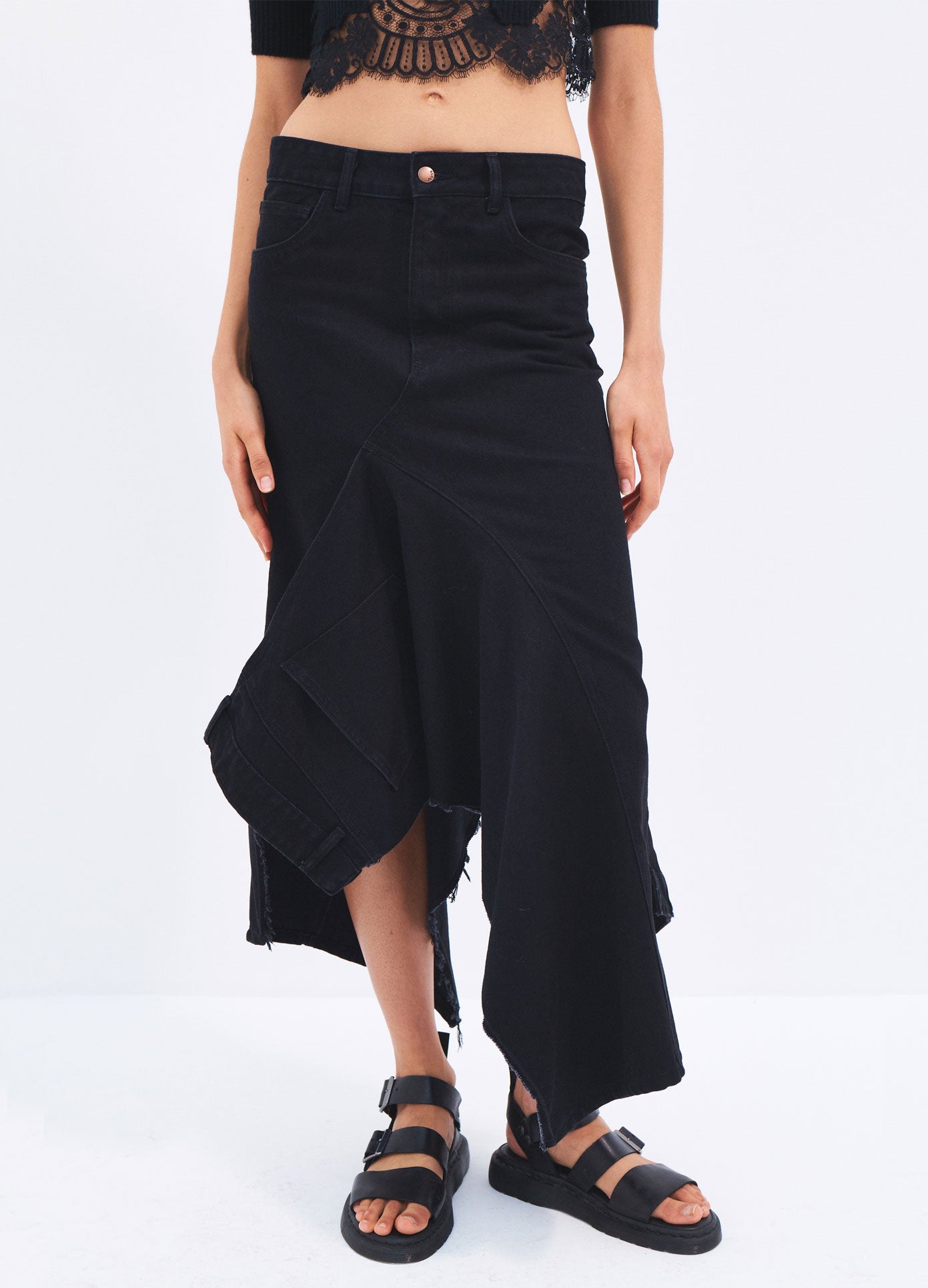 MONSE Spring 2024 Deconstructed Long Denim Skirt in Black on model front detail view