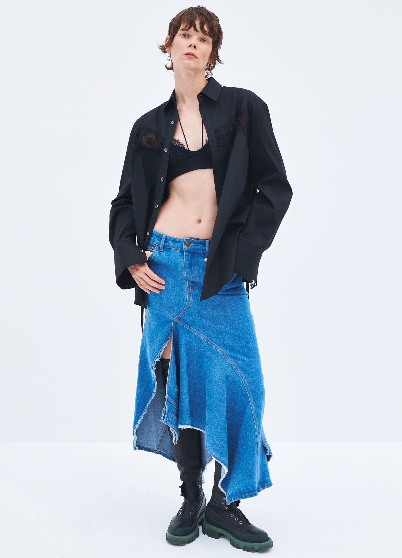 MONSE Spring 2024 Deconstructed Long Denim Skirt in Indigo on model front view