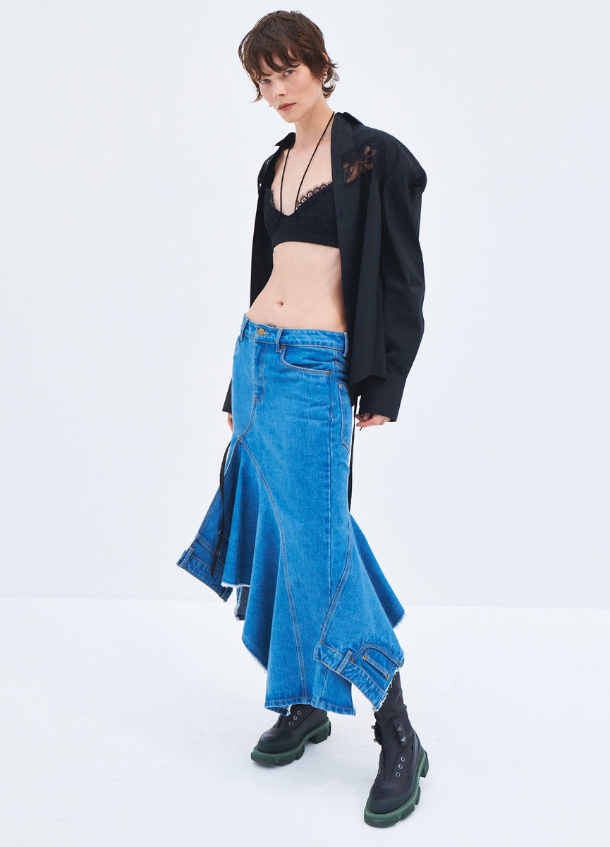 Deconstructed Long Denim Skirt in Indigo