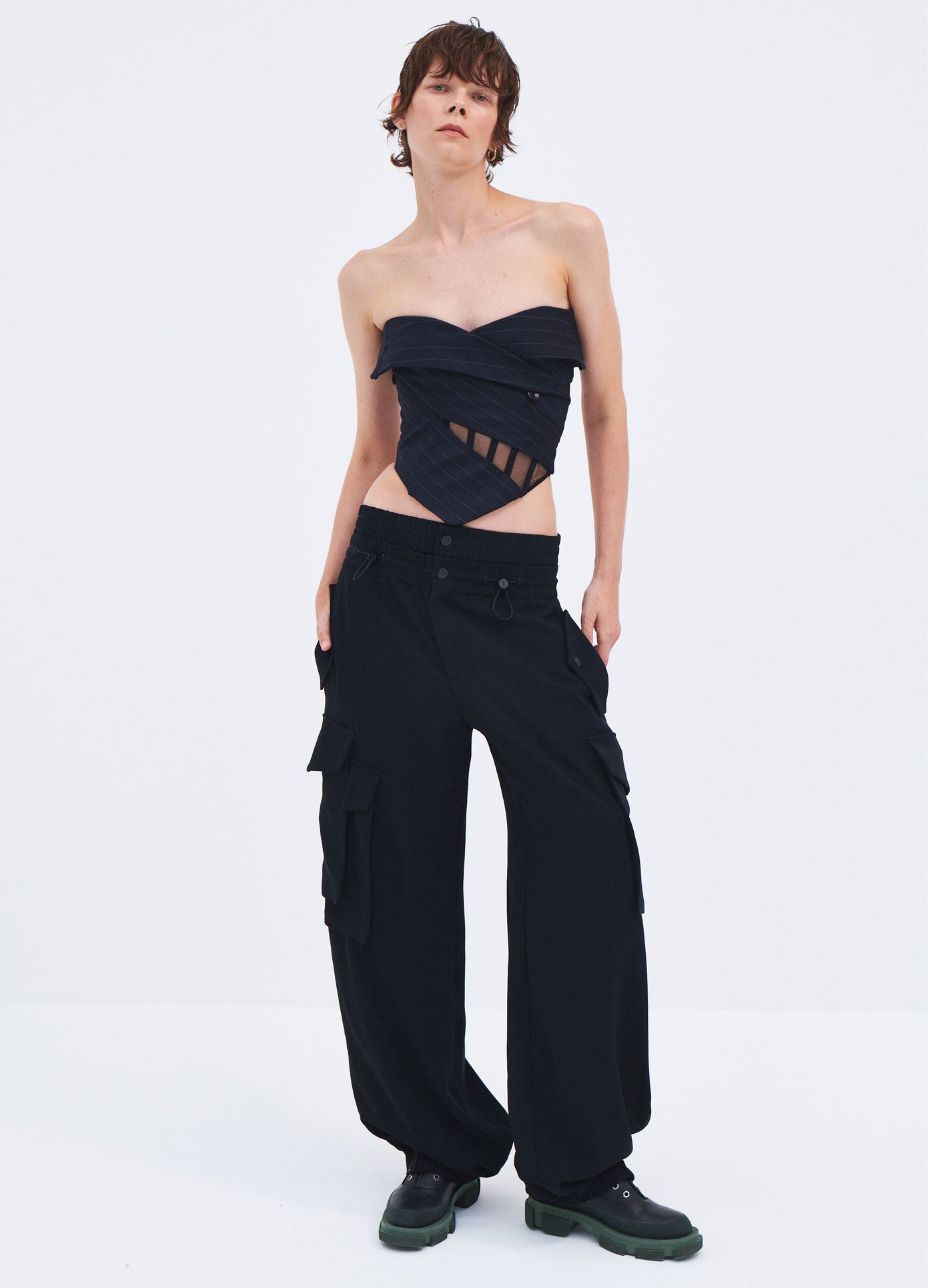 MONSE Spring 2024 Double Waistband Cargo Pants in Black on model full front view
