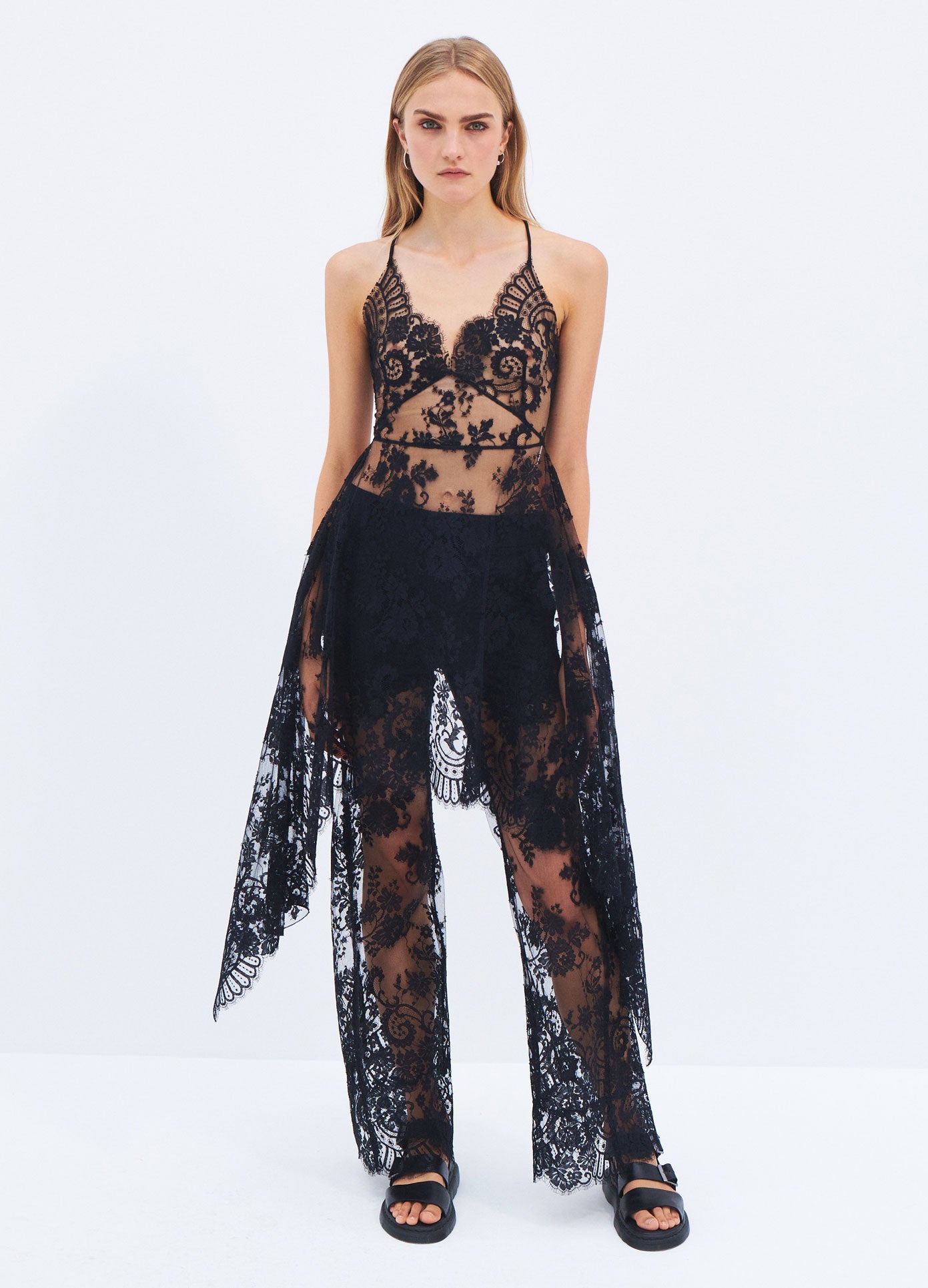 MONSE Spring 2024 Floral Lace Pant in Black on model full front view
