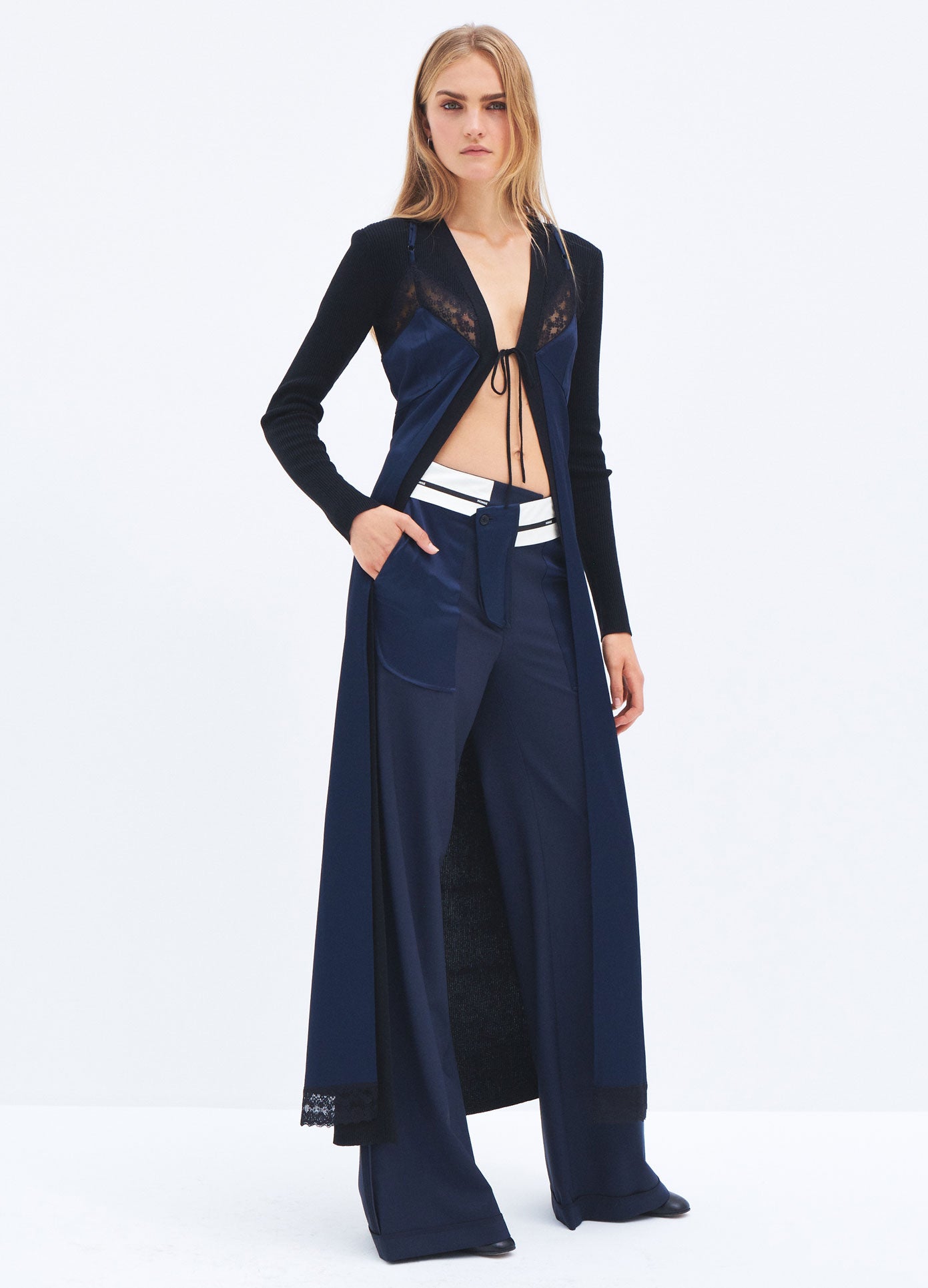 MONSE Spring 2024 Inside Out Tailored Trousers in Midnight on model front side view