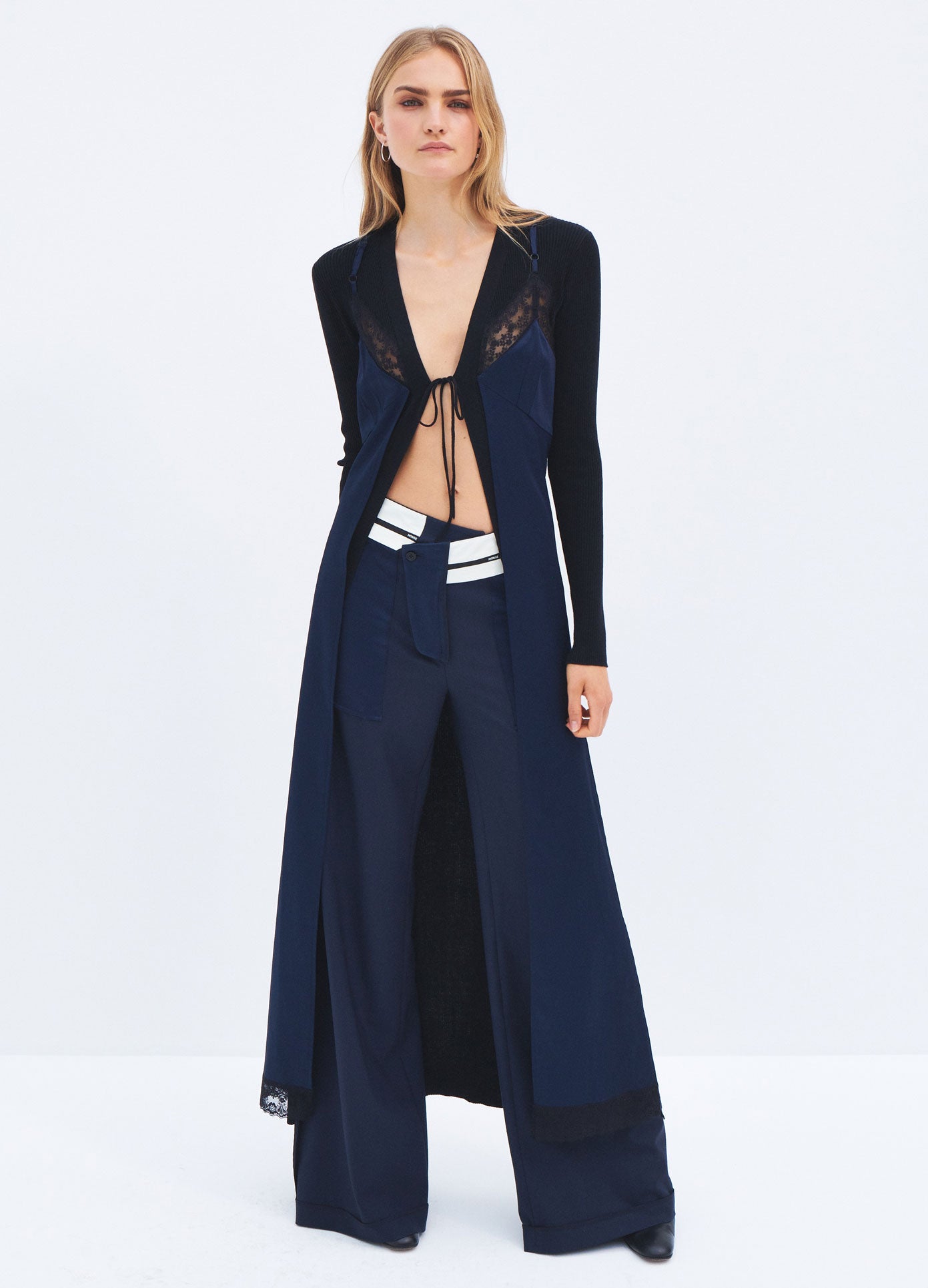 MONSE Spring 2024 Lingerie Detail Maxi Cardigan in Black and Midnight on model full front view
