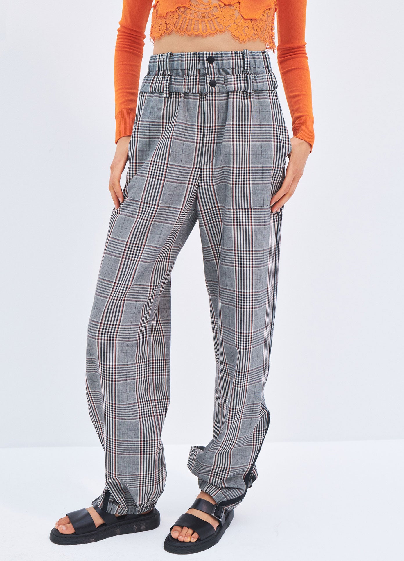 MONSE Spring 2024 Plaid Double Waistband Zipper DTL Pant in Black Multi on model front detail view