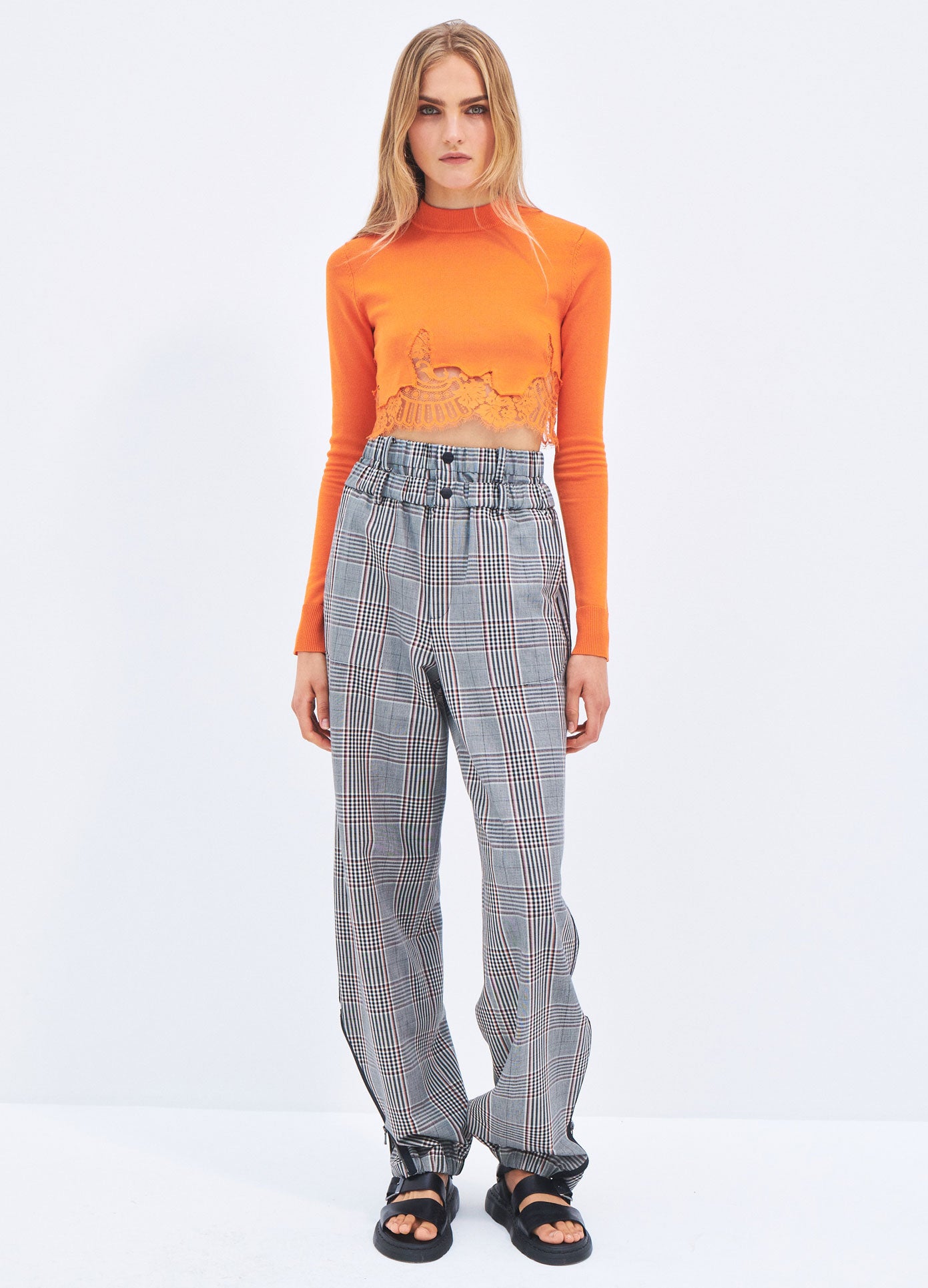 MONSE Spring 2024 Plaid Double Waistband Zipper DTL Pant in Black Multi on model full front view