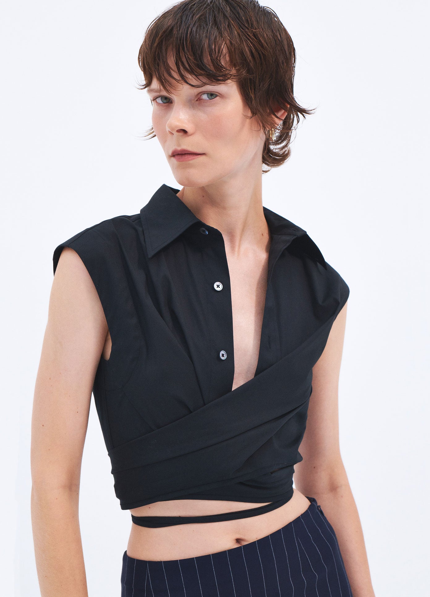 MONSE Spring 2024 Sleeveless Draped Shirt in Black on model front view