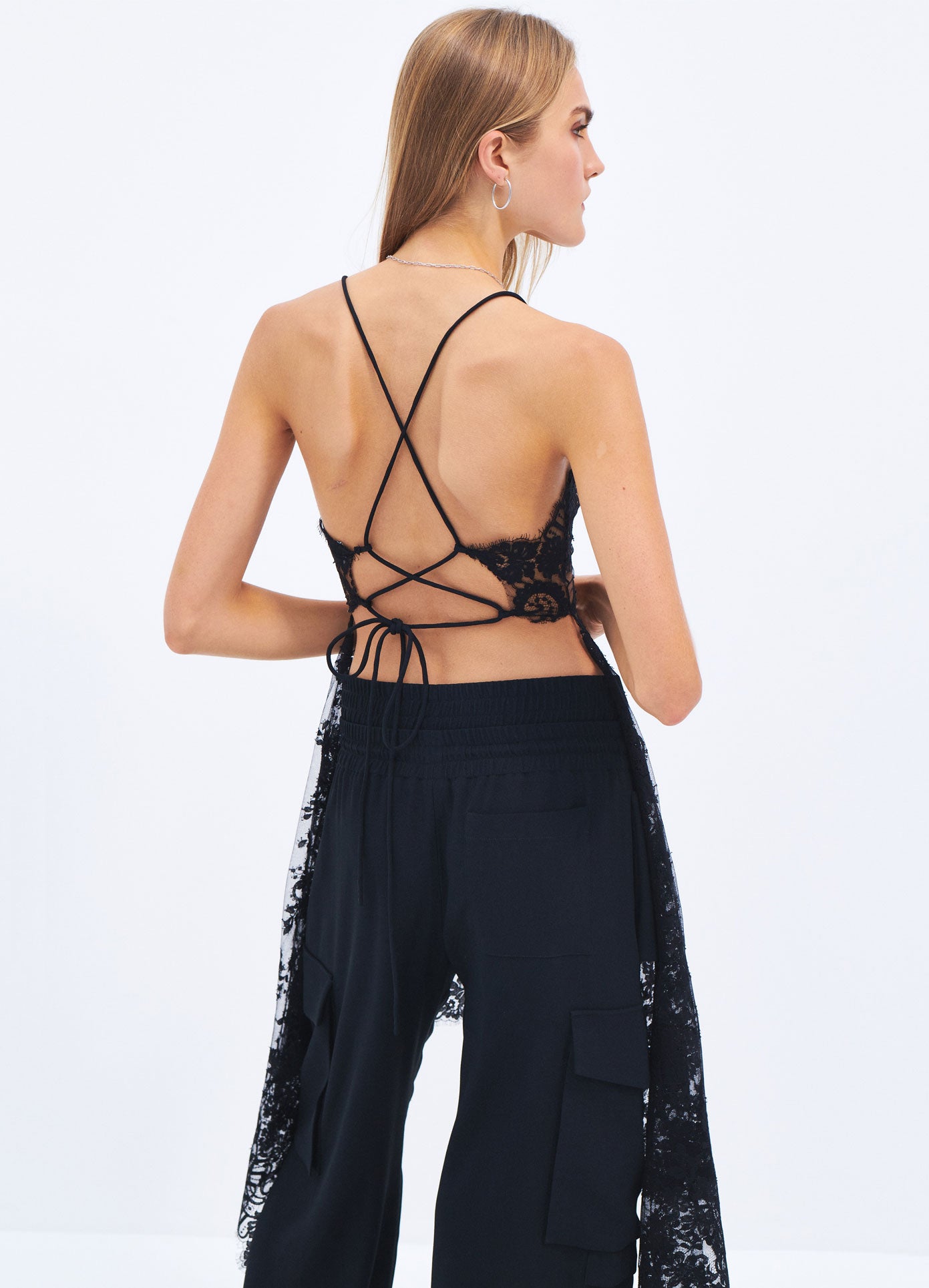 MONSE Spring 2024 Tie Back Lace Top in Black on model back view