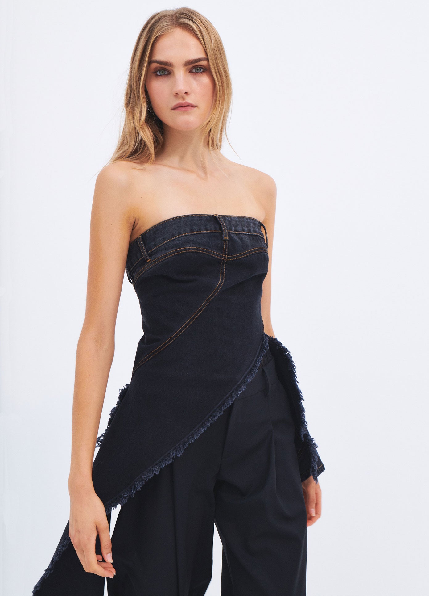 MONSE Spring 2024 Twisted Denim Top in Black on model front view