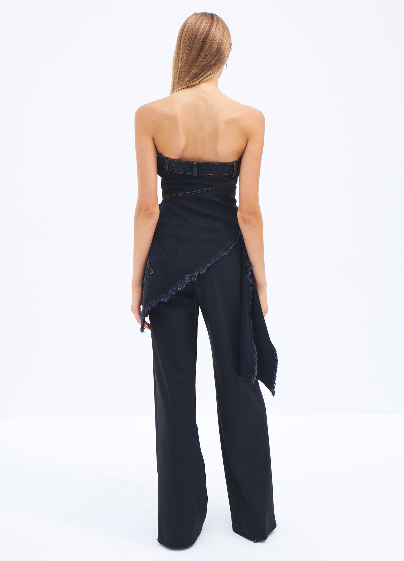 MONSE Spring 2024 Twisted Denim Top in Black on model full back view