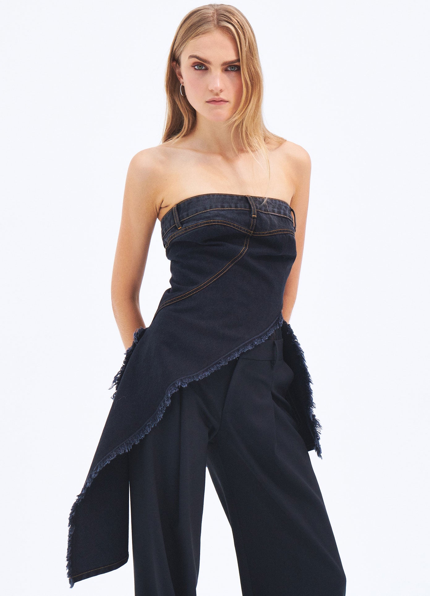 MONSE Spring 2024 Twisted Denim Top in Black on model full front view