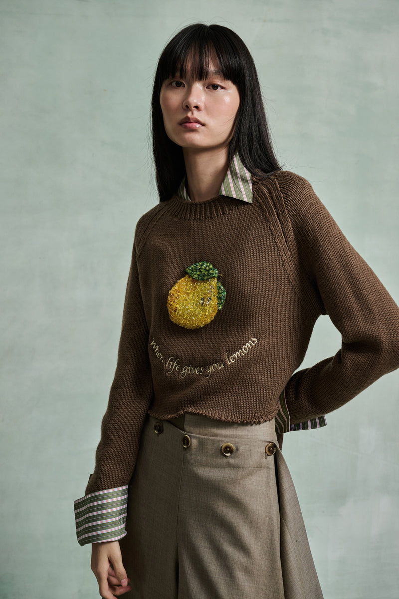 MONSE Spring 2026 Collection look 13 woman wearing a brown sweater with a lemon design against a plain background