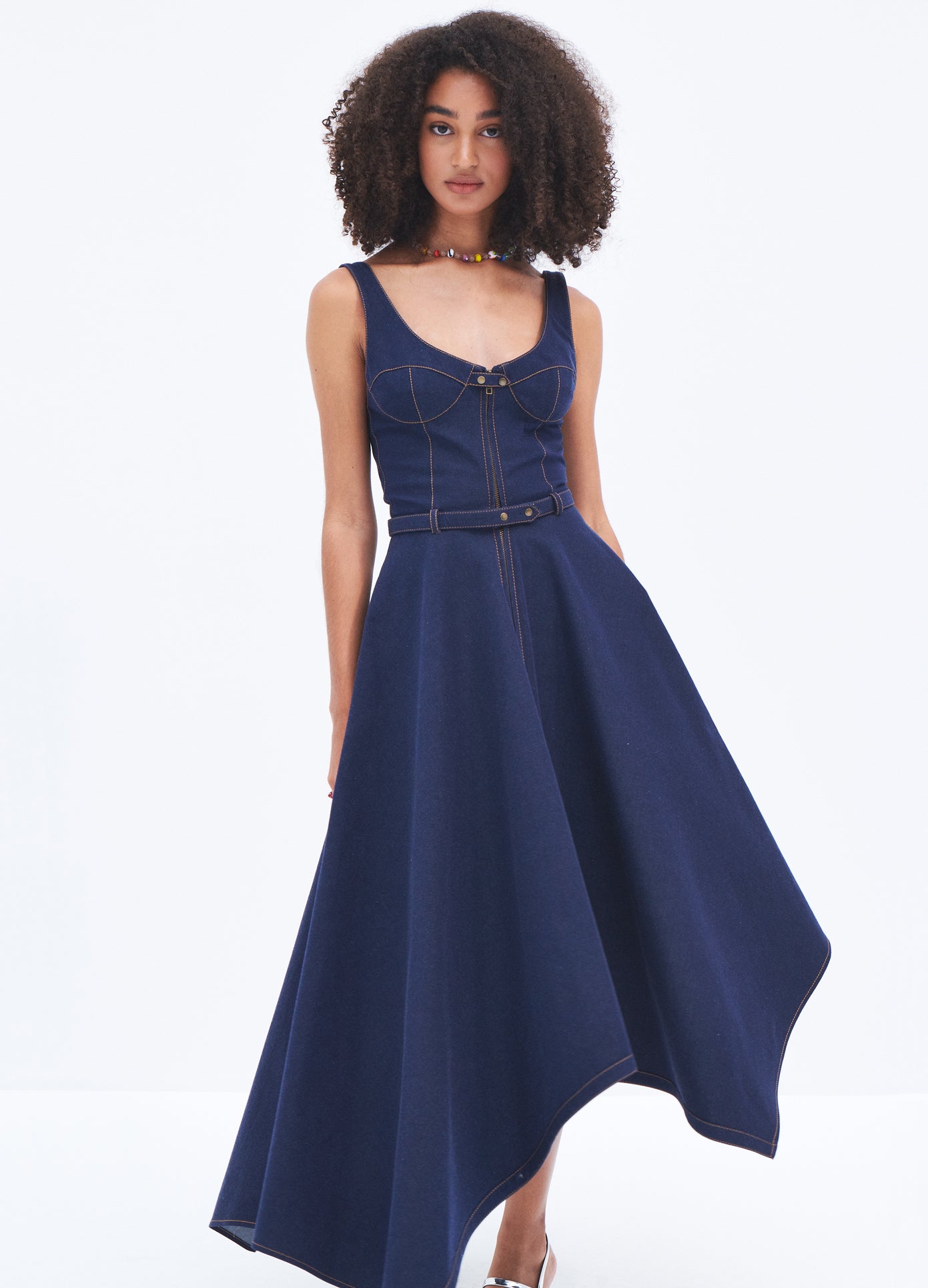 MONSE Stretch Denim Dress in Indigo on model front view