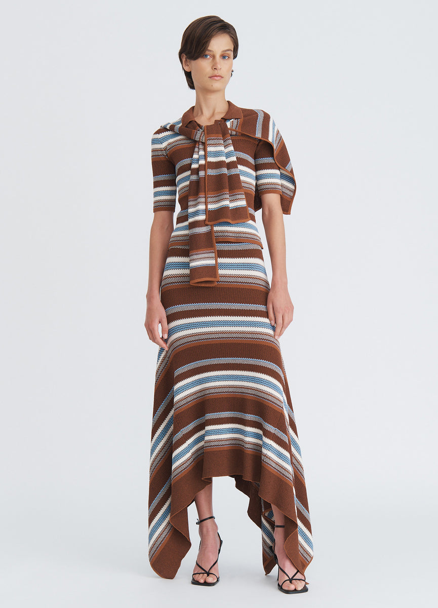 【in a row】Jacquard skirt Striped Jacquard Cascade Midi Skirt in Brown Multi