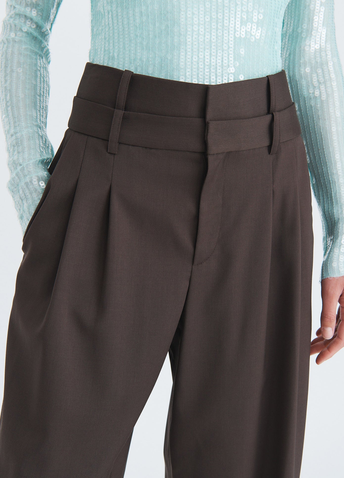 MONSE Tailored Double Waistband Trousers in olive brown on model front detail view