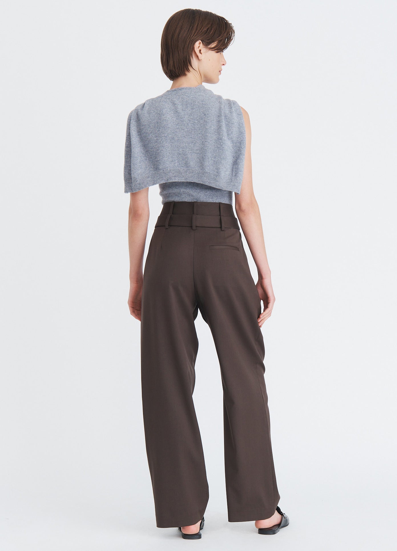 MONSE Tailored Double Waistband Trousers in olive brown on model full back view