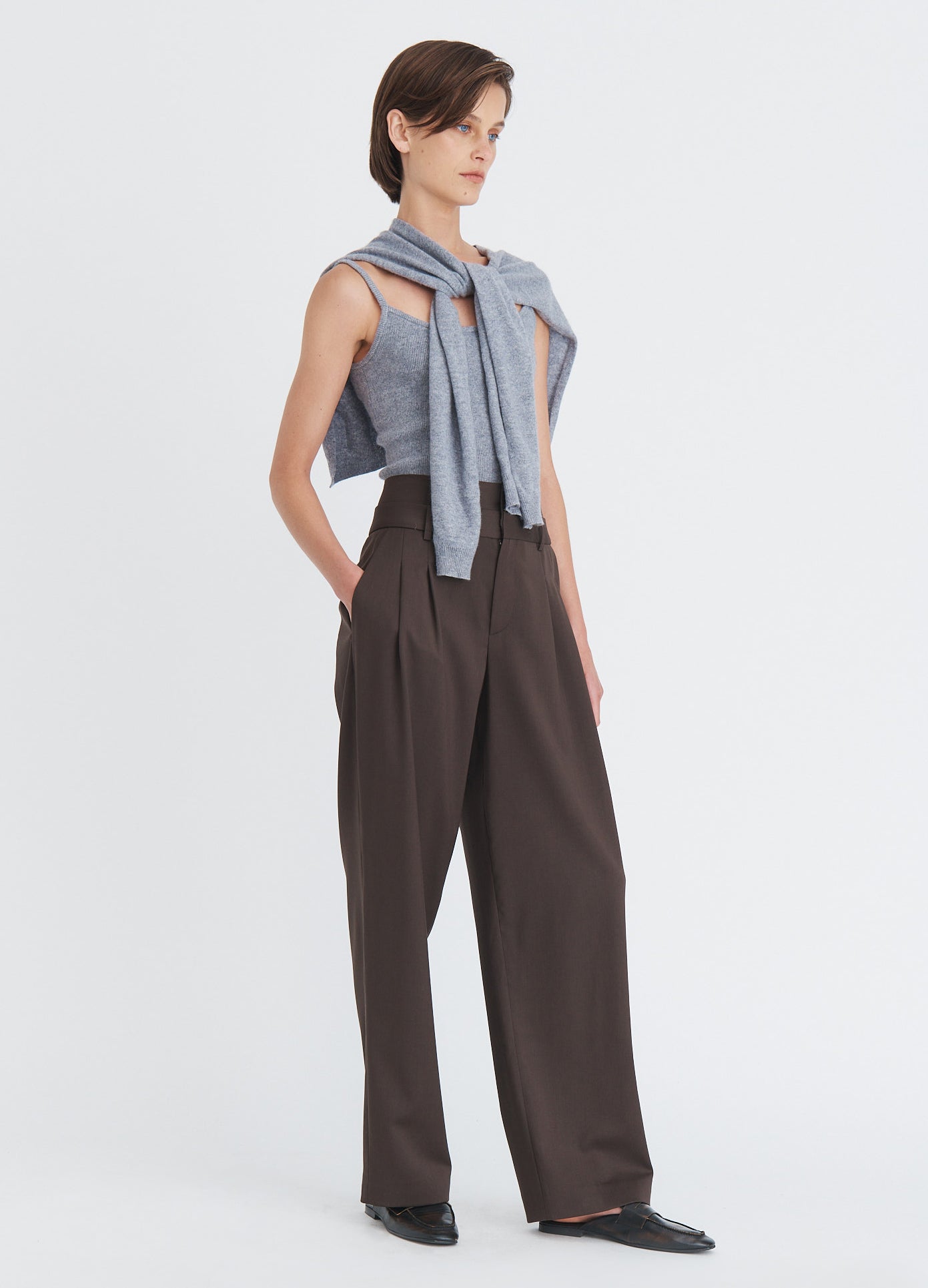MONSE Tailored Double Waistband Trousers in olive brown on model full front side view