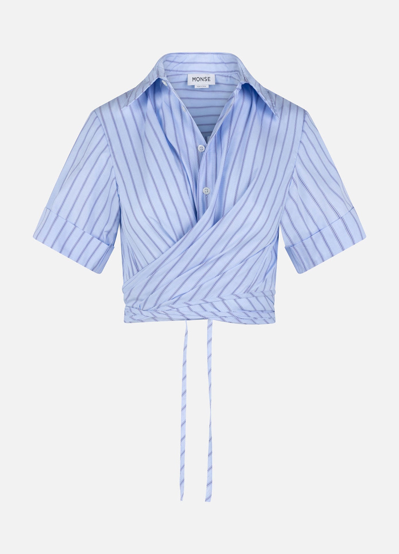 MONSE Wrapped Cropped Shirt in Midnight Stripe flat front