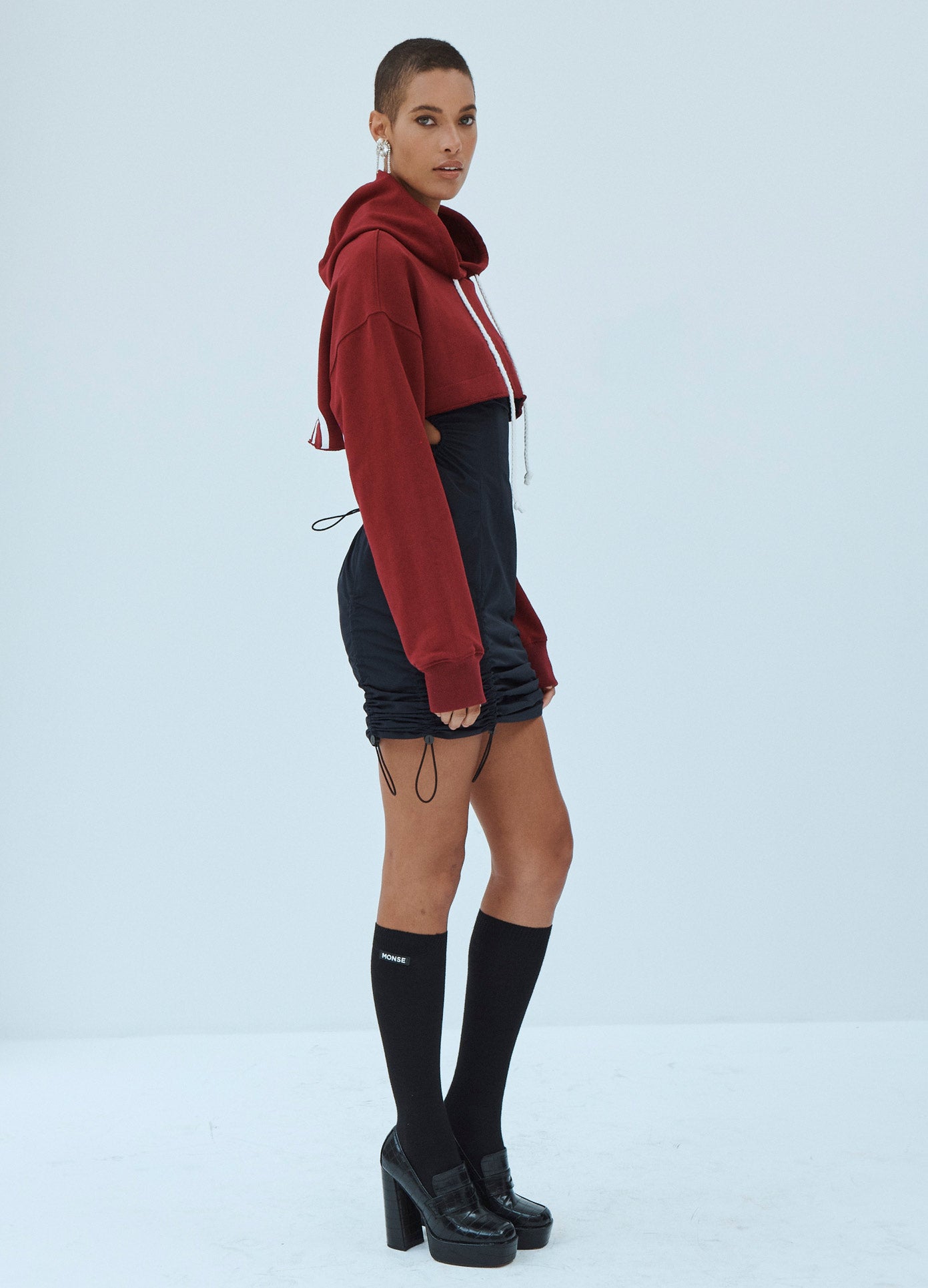 MONSE Cropped Hoodie in Dark Ruby on Model Side View