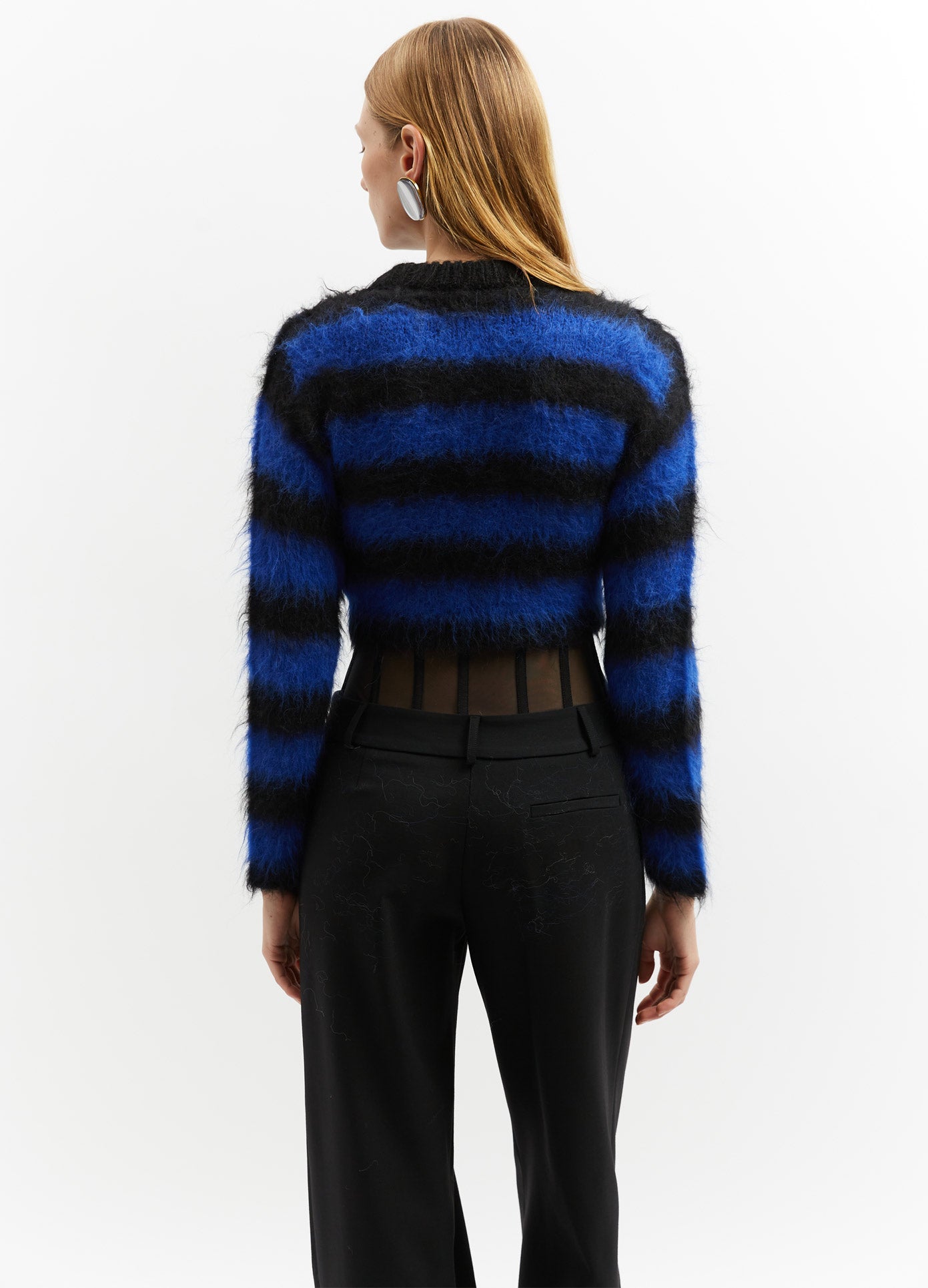 MONSE Cropped Mohair Sweater in Black and Blue on Model Back View