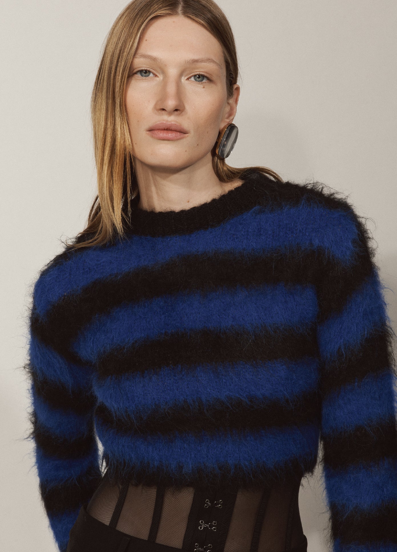 MONSE Cropped Mohair Sweater in Black and Blue on Model Lookbook Front Detail View