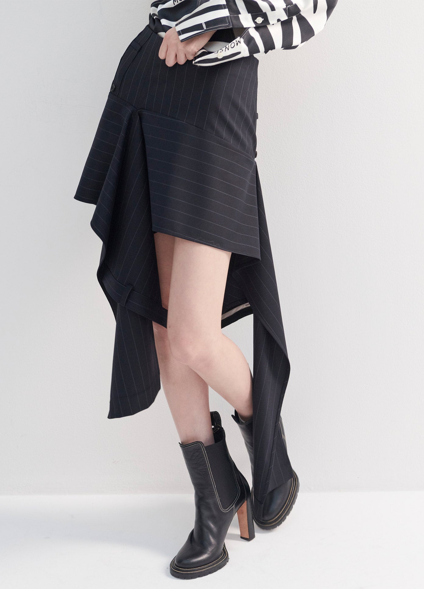 MONSE Deconstructed Trouser Skirt in Midnight on Model Front Detail View