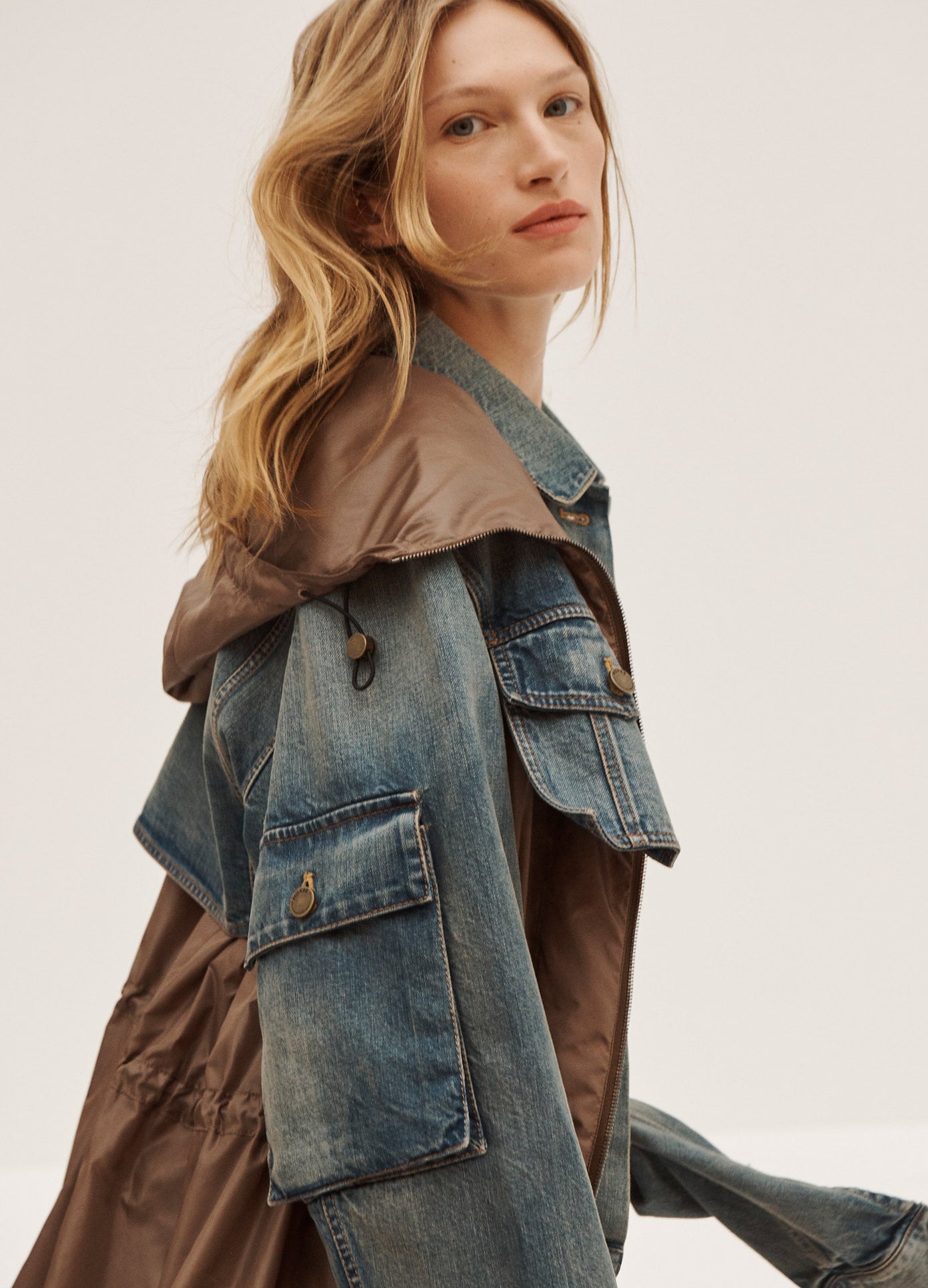 MONSE Deconstructed Windbreaker in Light Indigo and Brown on Model Detail Side View