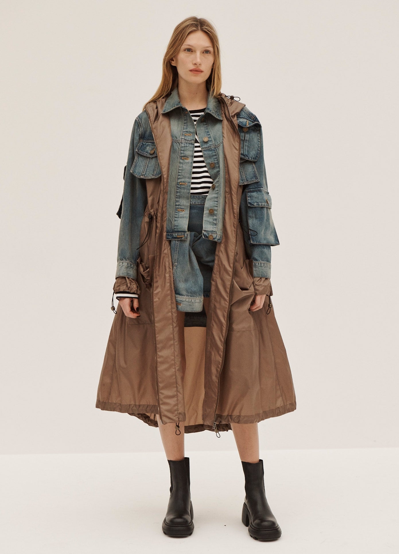 MONSE Deconstructed Windbreaker in Light Indigo and Brown on Model Front View