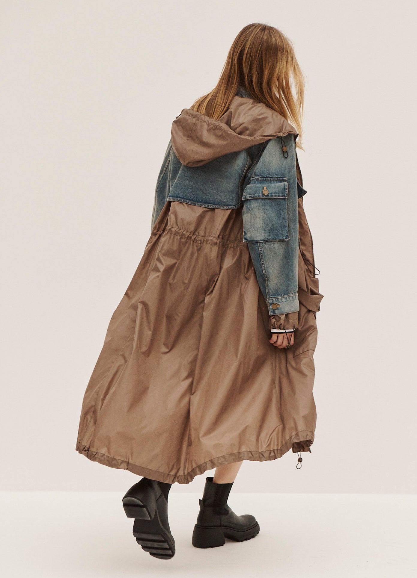 MONSE Deconstructed Windbreaker in Light Indigo and Brown on Model Walking Back View